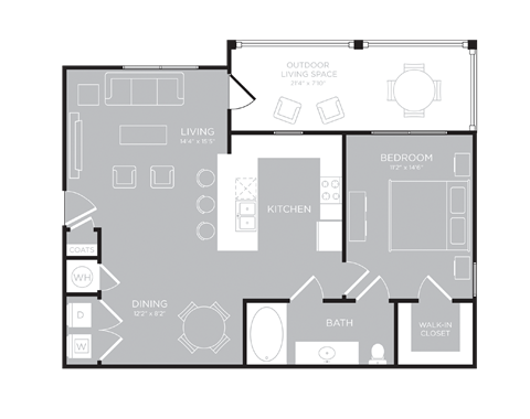 Floor plan for 1 bed, 1 bath, 804 sqft